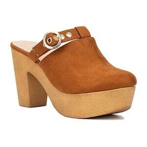 New York & Company | Nyomi Clog Mule Cognac Brown Tan Faux Suede Fall New 6
